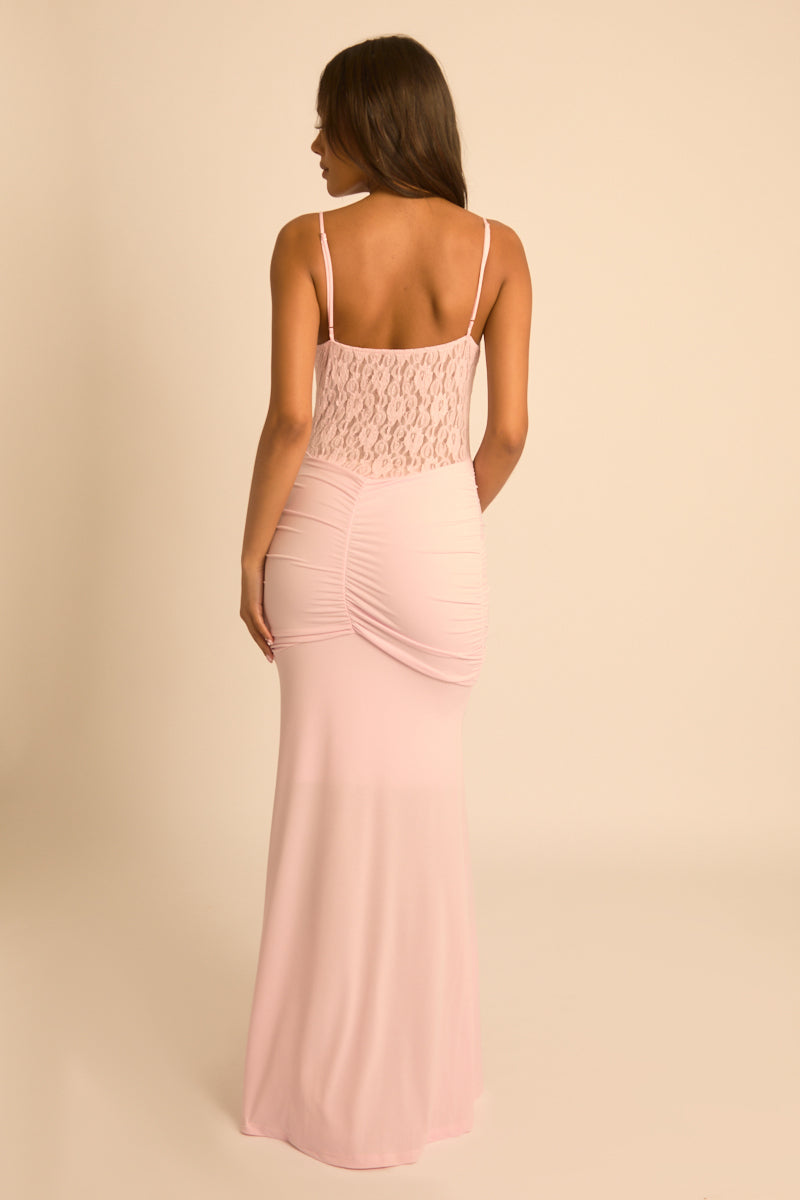 Pink Lace Insert Gathered Maxi Dress - Suki