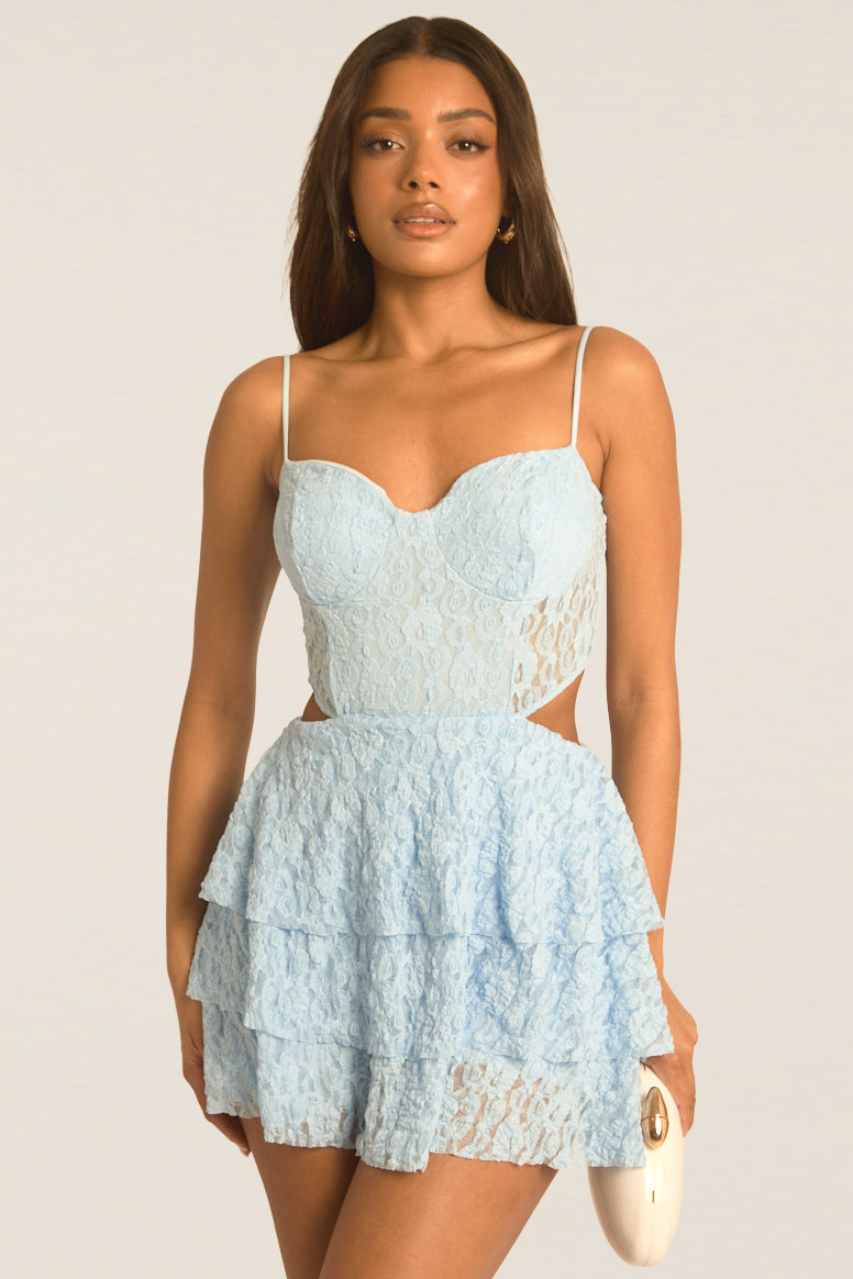 Blue Lace Cut Out Frill Playsuit - Marvie