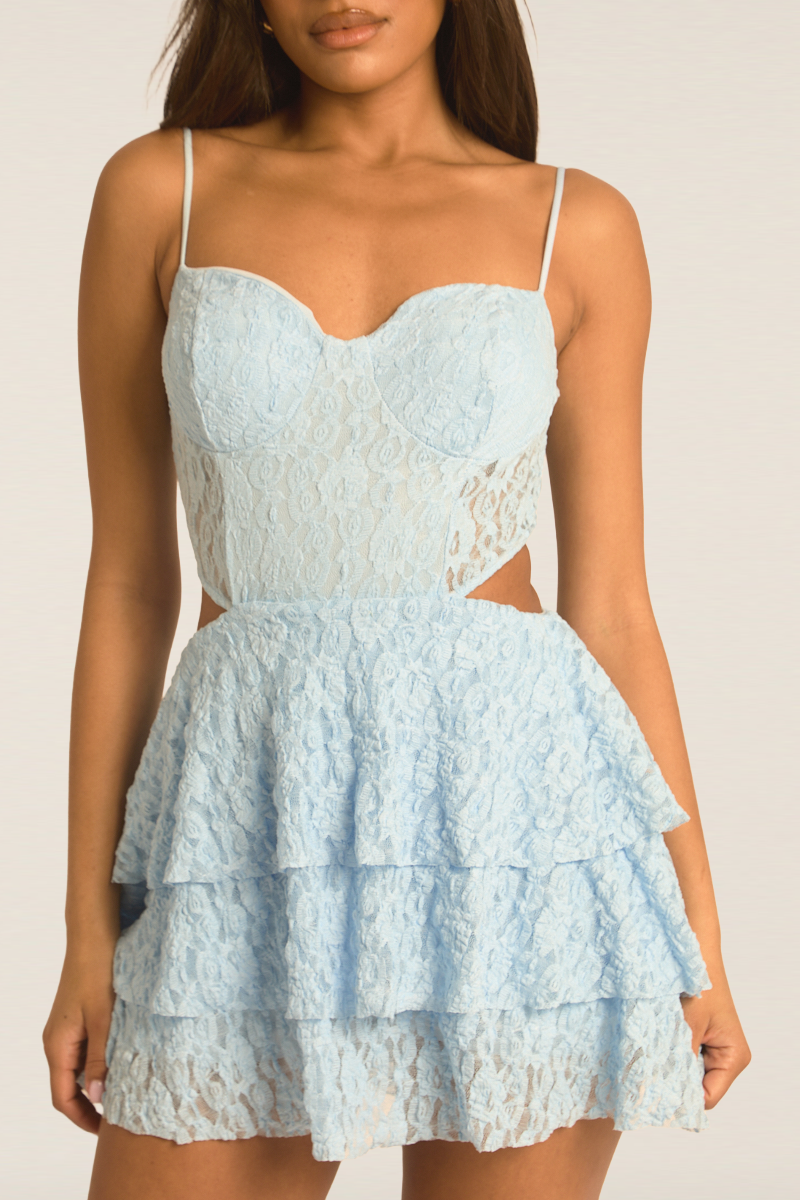 Blue Lace Cut Out Frill Playsuit - Marvie