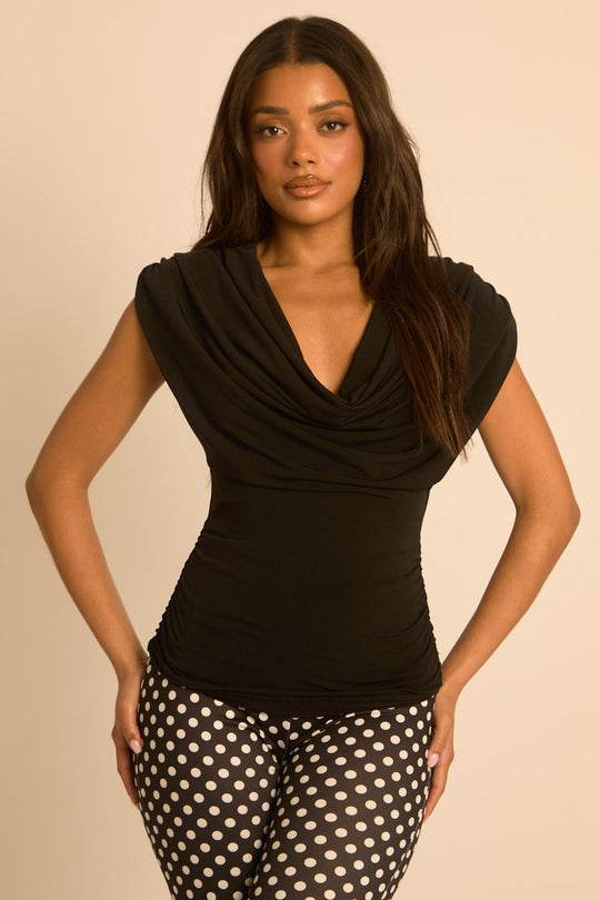 Black Ruched Cowl Top - Sheela