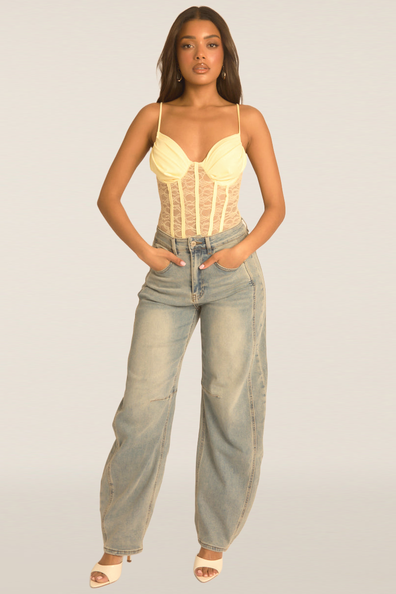Yellow Lace Corset Detail Bodysuit - Charlee