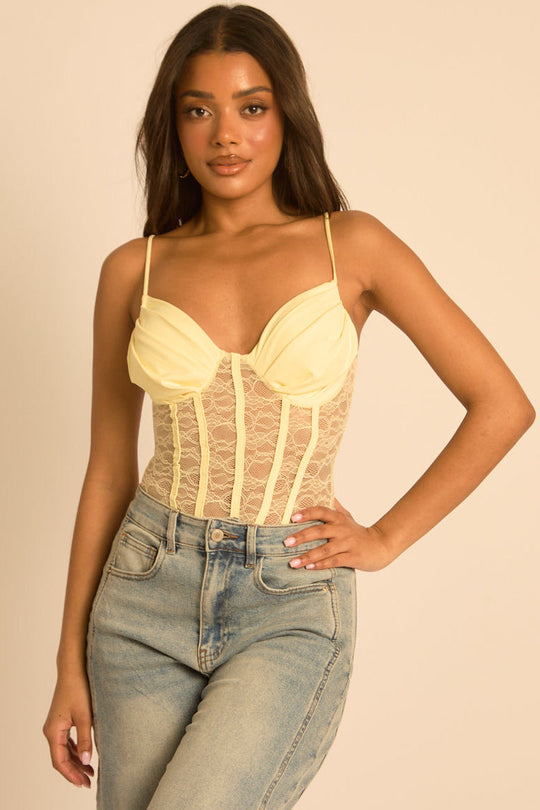 Yellow Lace Corset Detail Bodysuit - Charlee