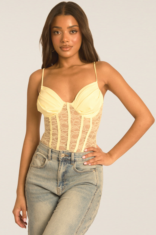 Yellow Lace Corset Detail Bodysuit - Charlee