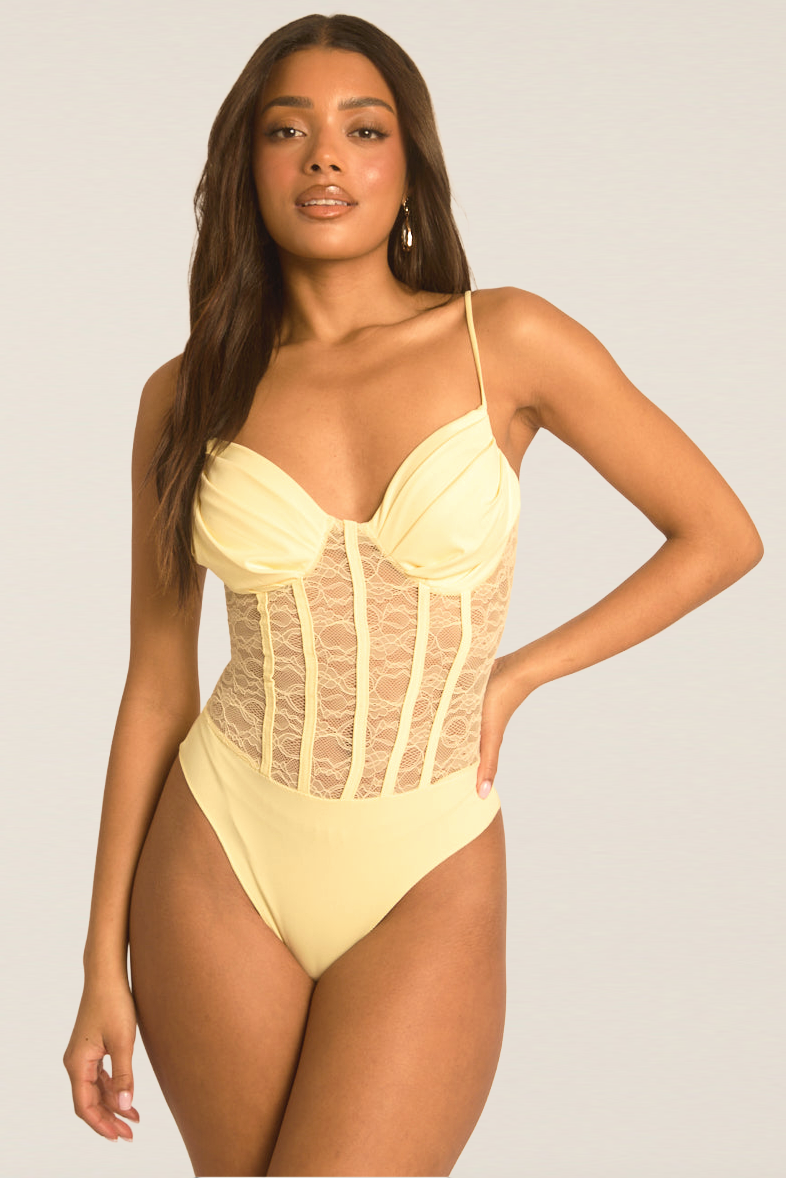 Yellow Lace Corset Detail Bodysuit - Charlee