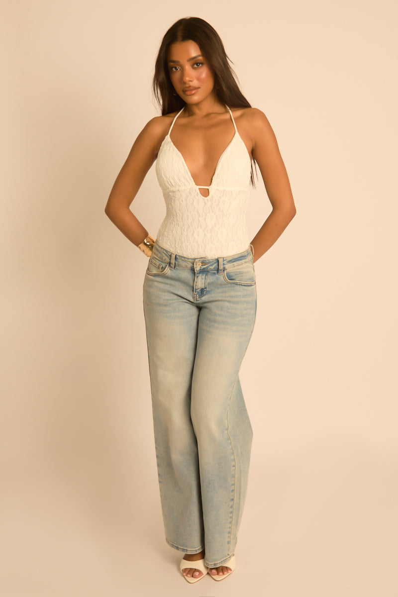 White Lace Plunge Bodysuit - India