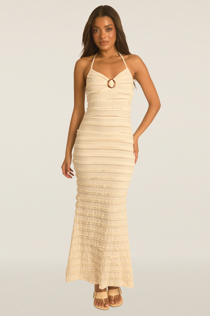 Cream Ruffle Trim Detail Halter Maxi Dress | Dresses | Rebellious Fashion Cream Ruffle Trim Detail Halter Maxi Dress | Dresses | Rebellious Fashion