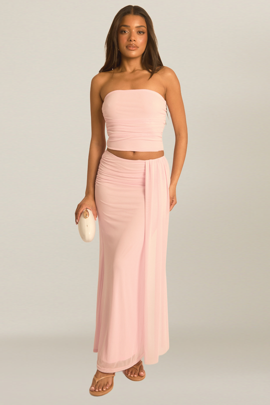 Pink Mesh Bandeau Top and Maxi Skirt Co-ord Set - Nuri