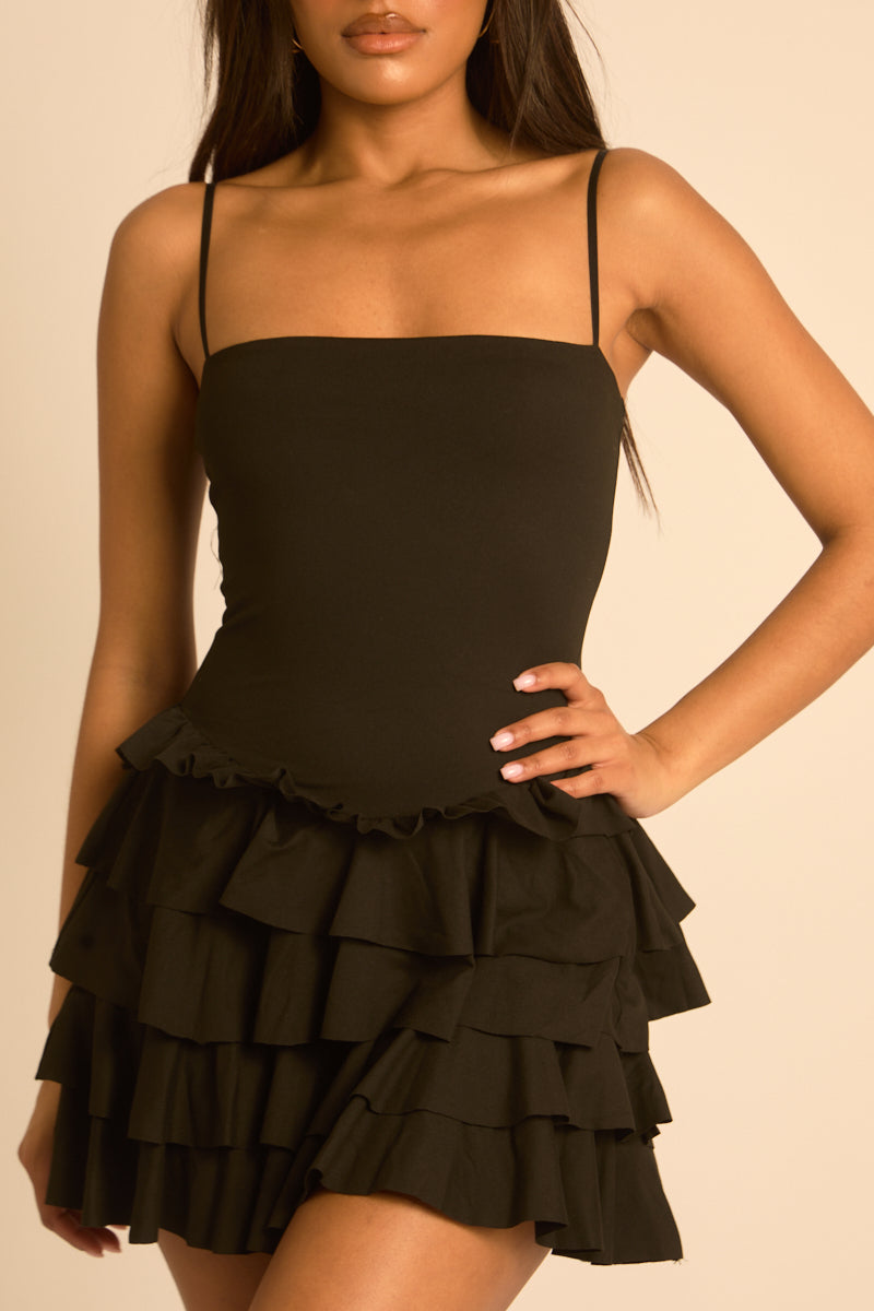 Black Jersey Ruffle Hem Skort Playsuit - Marissa