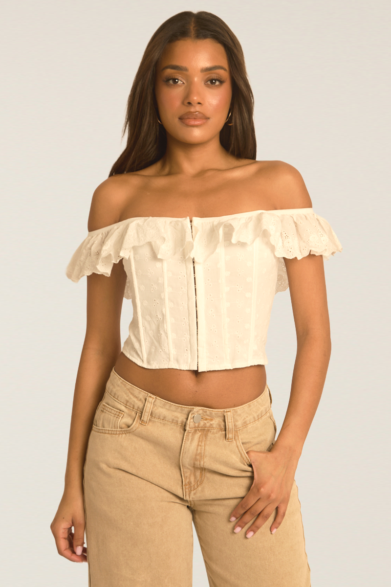 White Bardot Frill Broderie Corset Top - Marcia