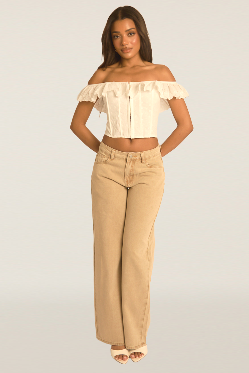 White Bardot Frill Broderie Corset Top - Marcia