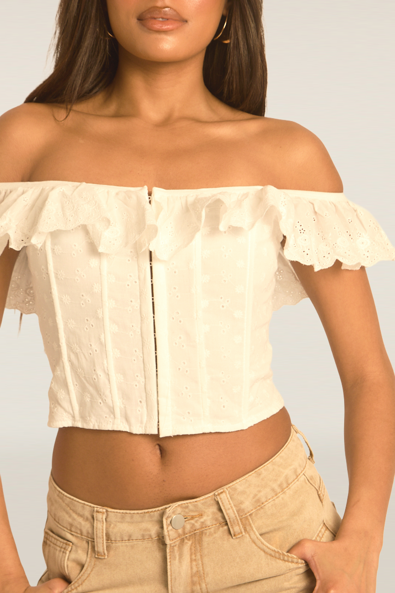 White Bardot Frill Broderie Corset Top - Marcia