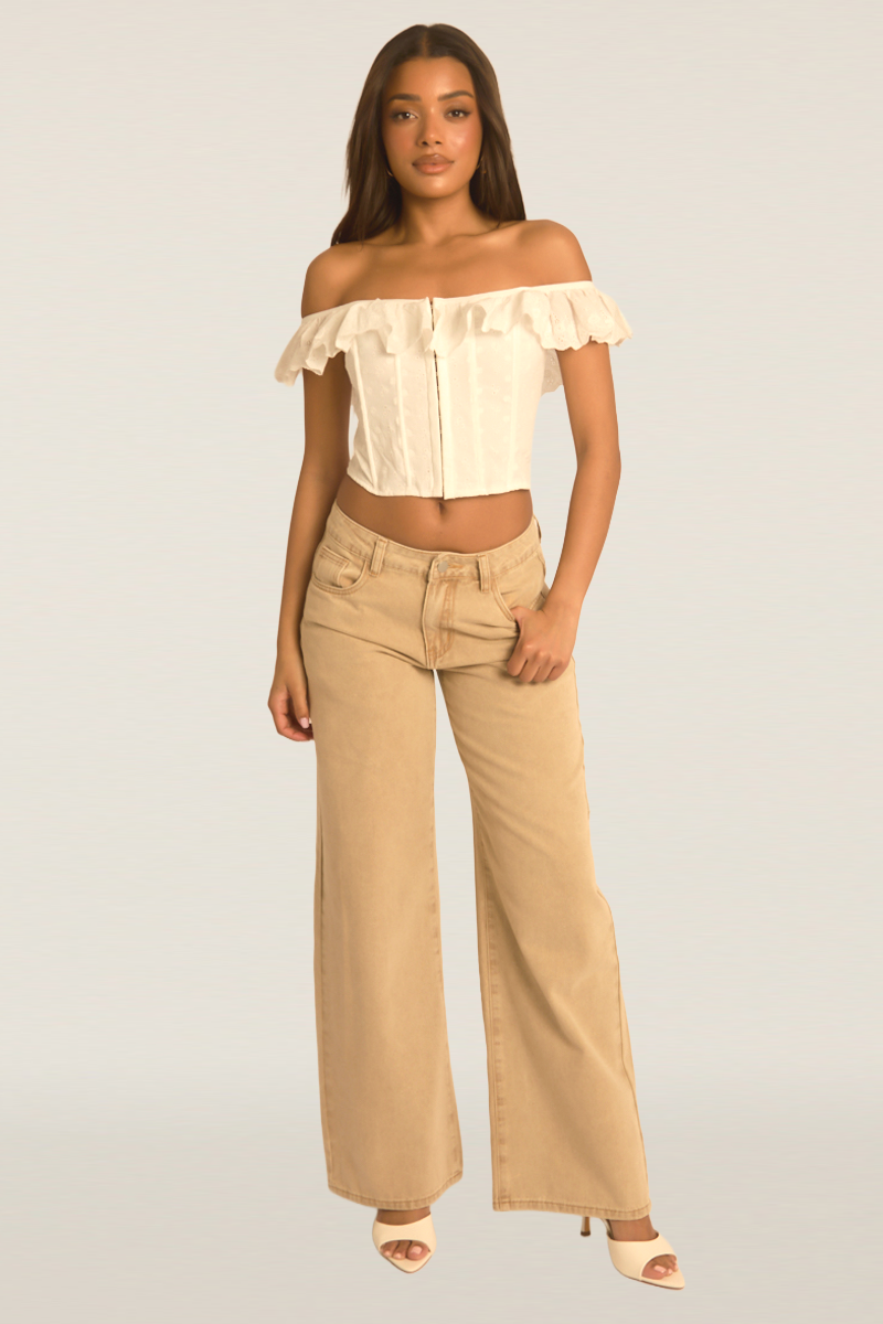 White Bardot Frill Broderie Corset Top - Marcia