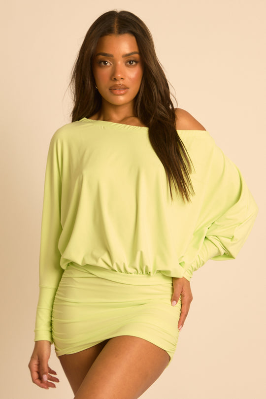 Lime Batwing Bardot Mini Dress - Clarice