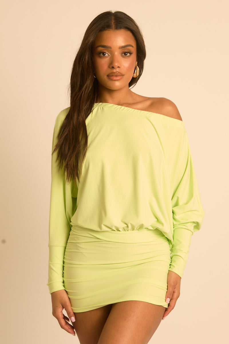 Lime Batwing Bardot Mini Dress - Clarice