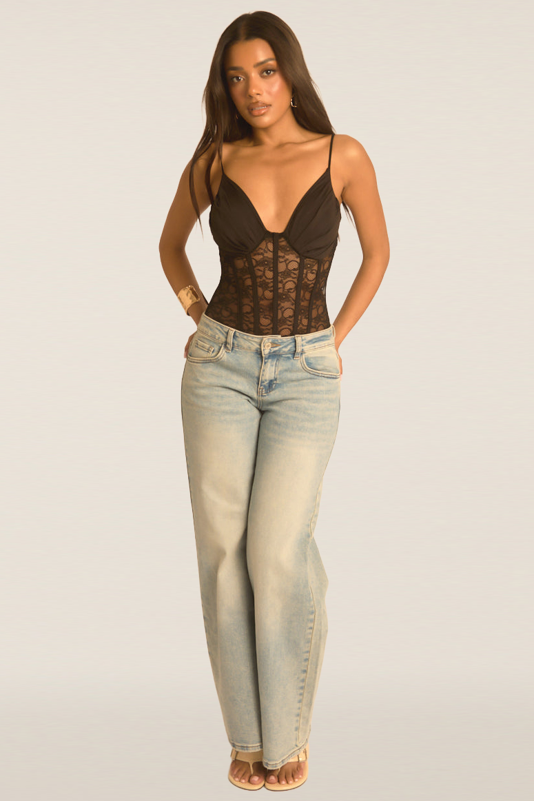 Black Lace Corset Detail Bodysuit - Charlee