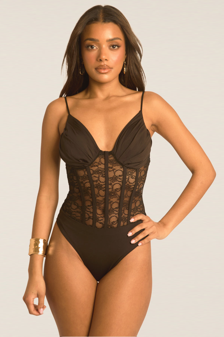 Black Lace Corset Detail Bodysuit - Charlee