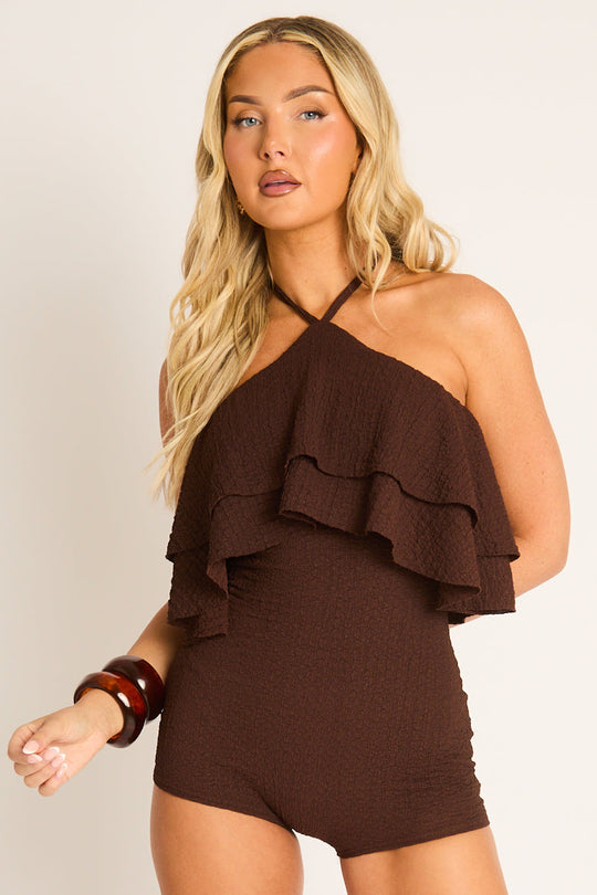 Chocolate Textured Ruffle Playsuit - Hollie