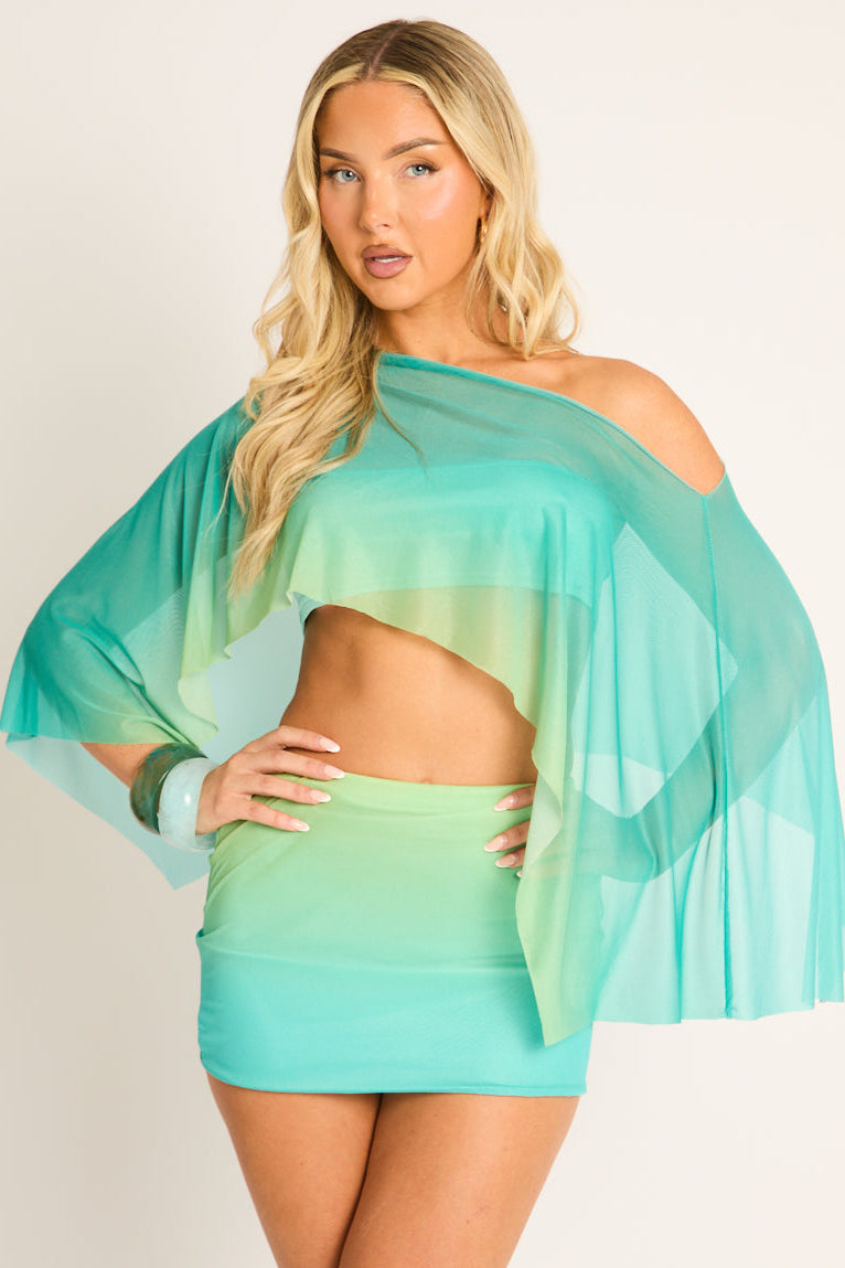 Turquoise Ombre Mesh Cape 3 Piece Co-ord Set - Freddie