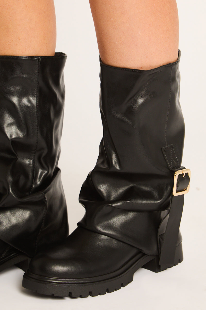 Black PU Slouchy Layered Buckle Long Biker Boots - Billie