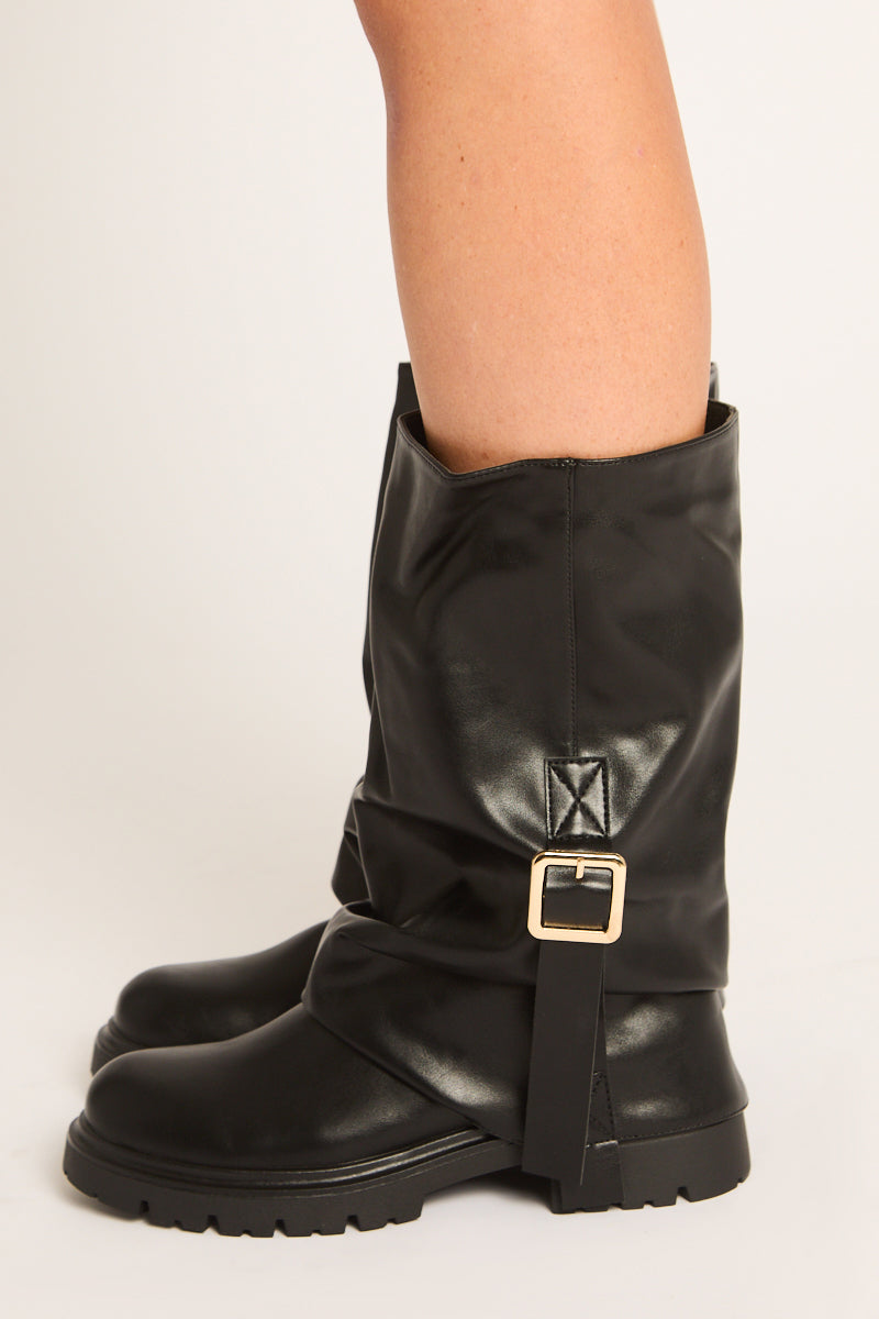 Black PU Slouchy Layered Buckle Long Biker Boots - Billie