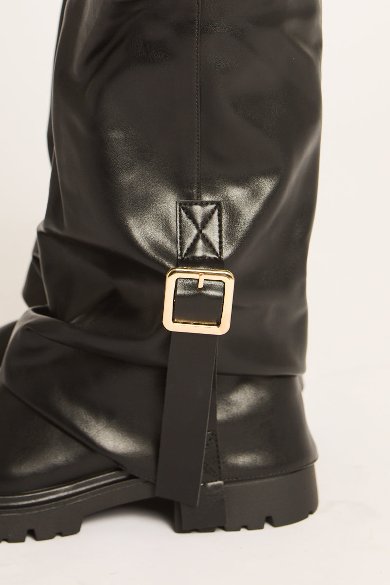 Black PU Slouchy Layered Buckle Long Biker Boots - Billie