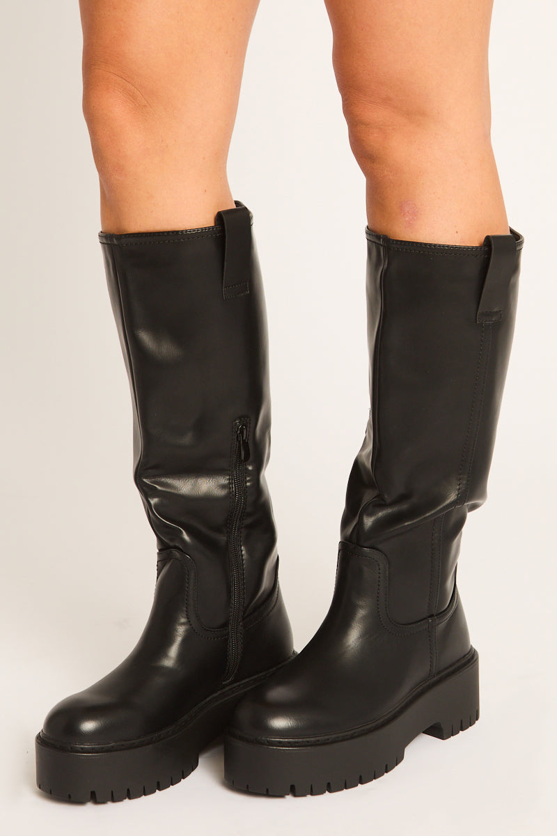 Black PU Chunky Sole Knee High Boots - Dree