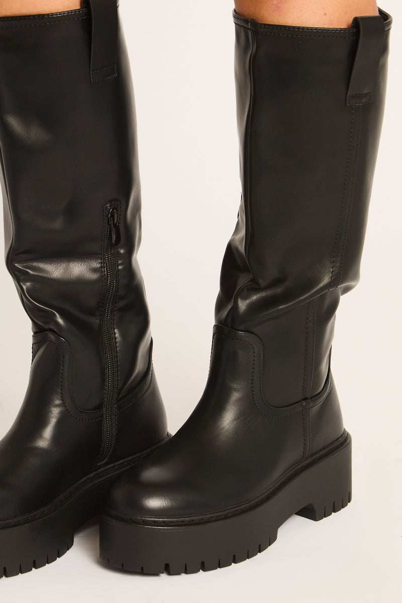 Black PU Chunky Sole Knee High Boots - Dree