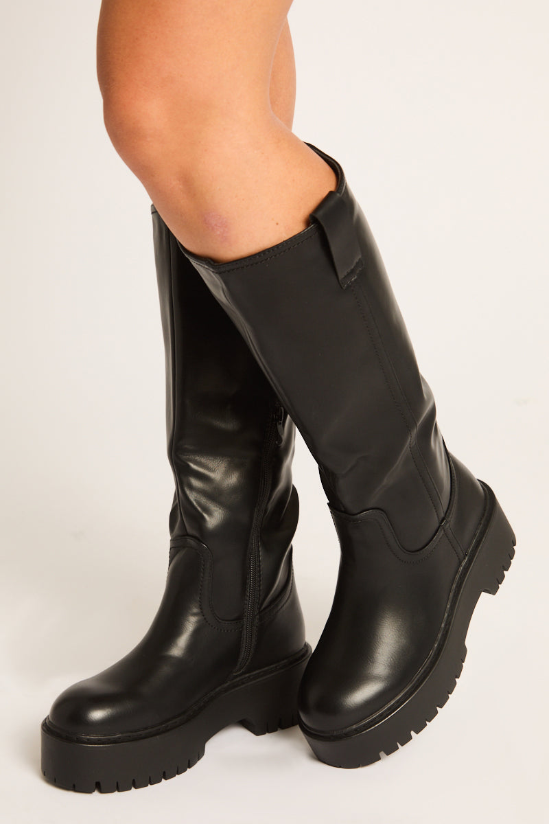 Black PU Chunky Sole Knee High Boots - Dree
