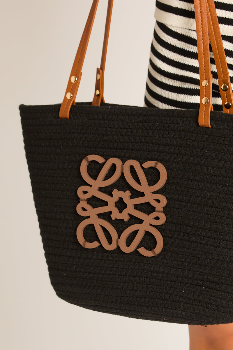 Black Woven Logo Detail Beach Bag - Maxenne