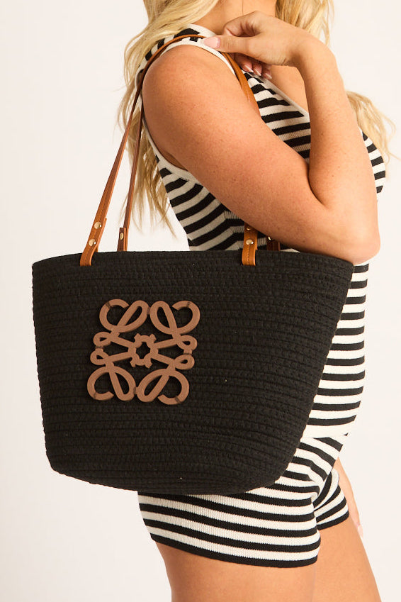 Black Woven Logo Detail Beach Bag - Maxenne