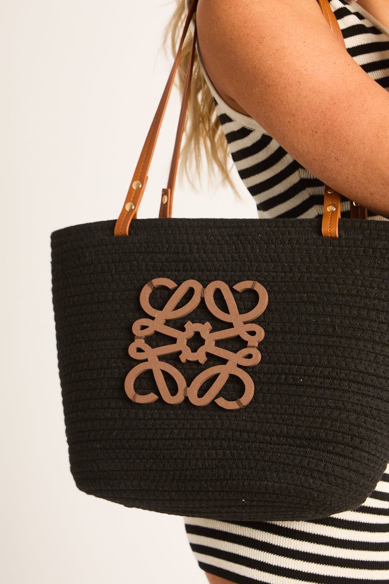 Black Woven Logo Detail Beach Bag - Maxenne