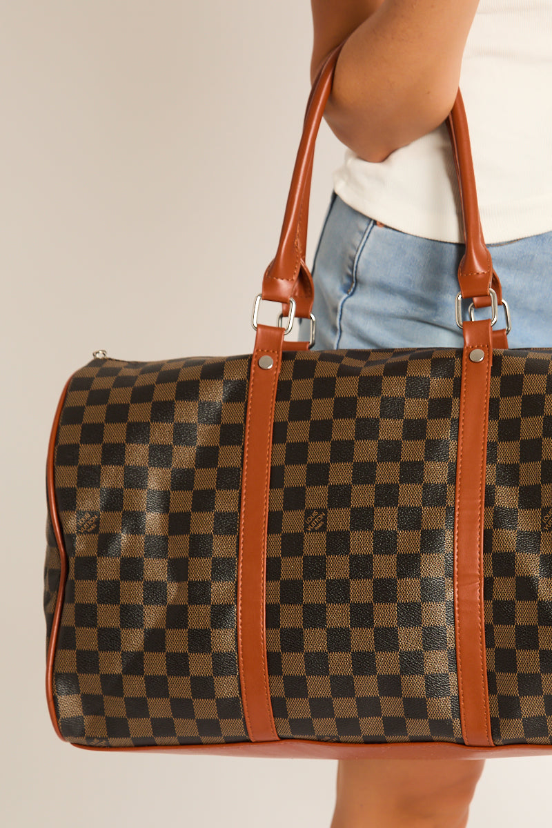 Brown Checkered Logo Detail Travel Bag - Jacey