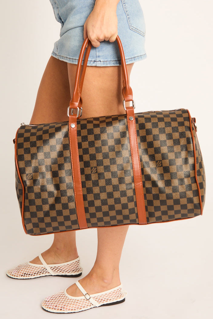 Brown Checkered Logo Detail Travel Bag - Jacey