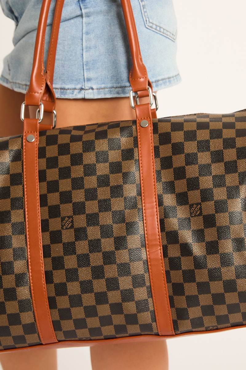 Brown Checkered Logo Detail Travel Bag - Jacey