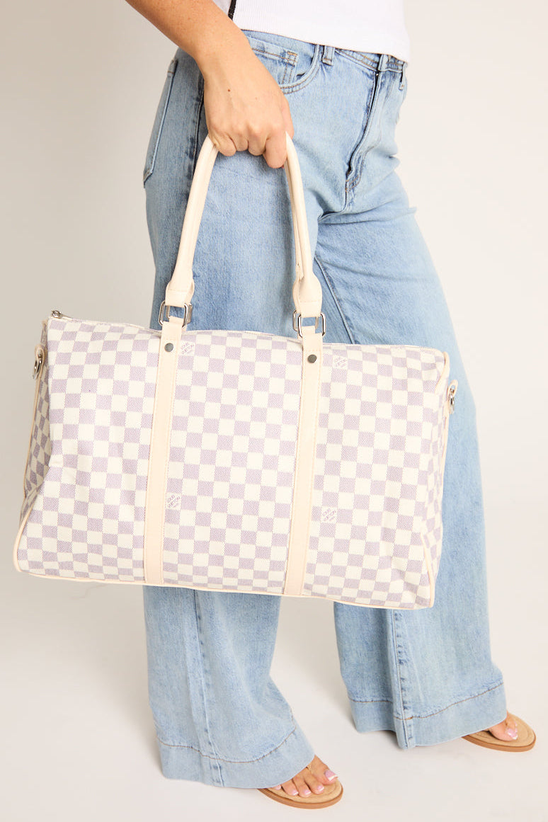 Cream Checkered Logo Detail Travel Bag - Jacey