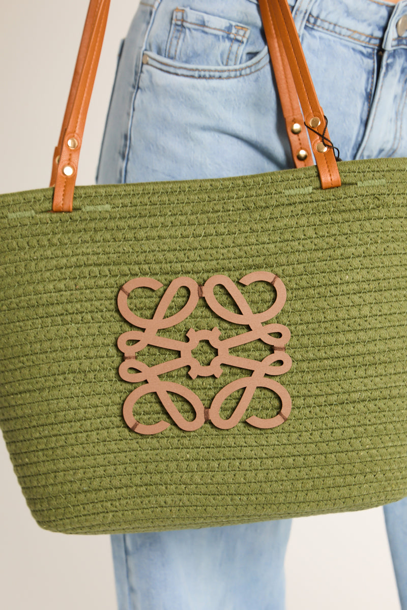 Khaki Woven Logo Detail Beach Bag - Maxenne