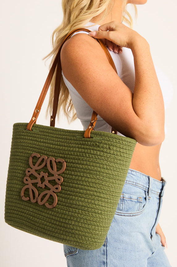 Khaki Woven Logo Detail Beach Bag - Maxenne