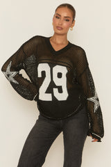Black V Neck Varsity Knitted Top - Bryonie