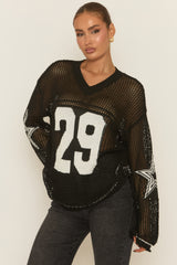 Black V Neck Varsity Knitted Top - Bryonie