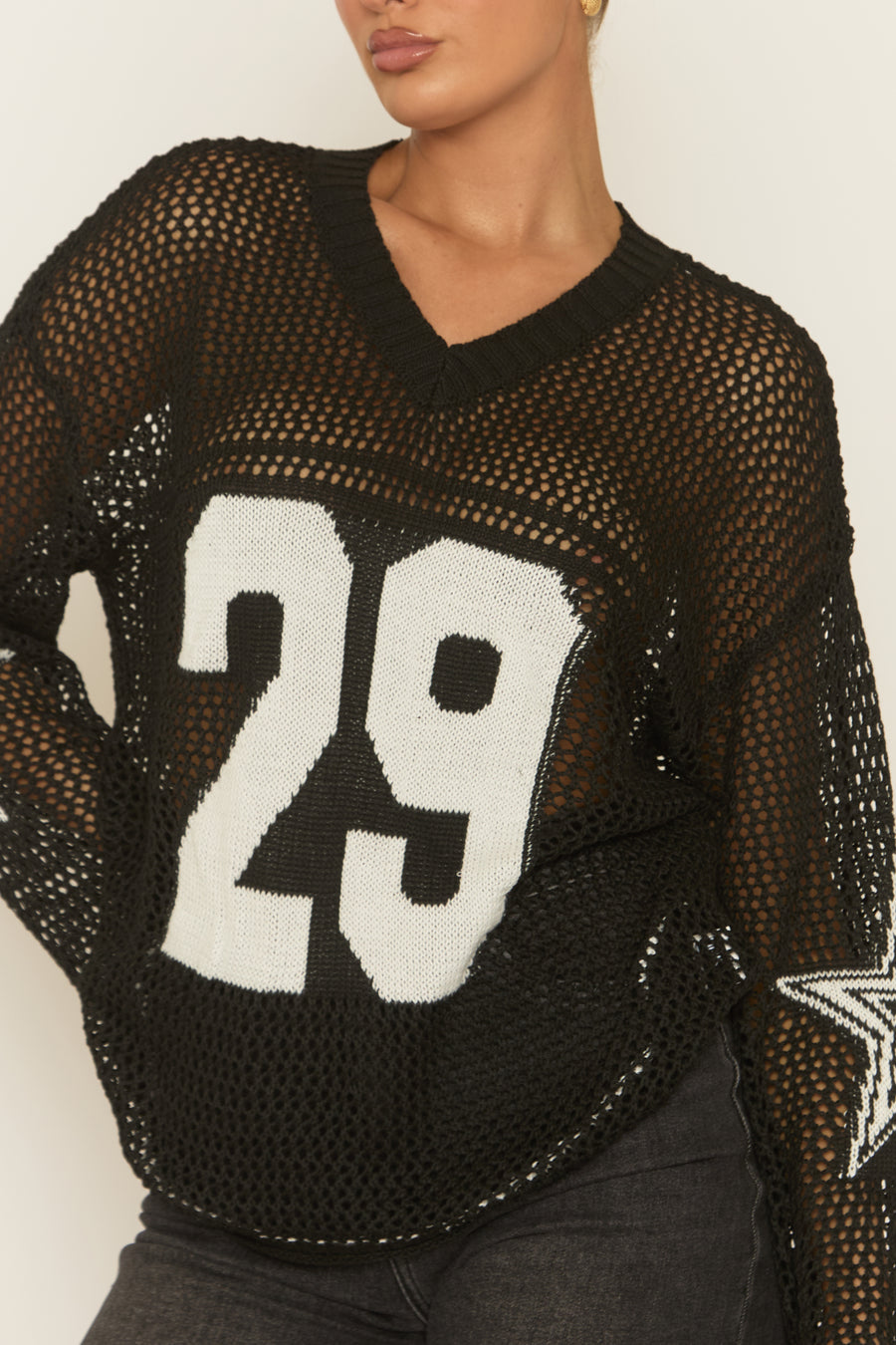 Black V Neck Varsity Knitted Top - Bryonie