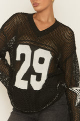 Black V Neck Varsity Knitted Top - Bryonie