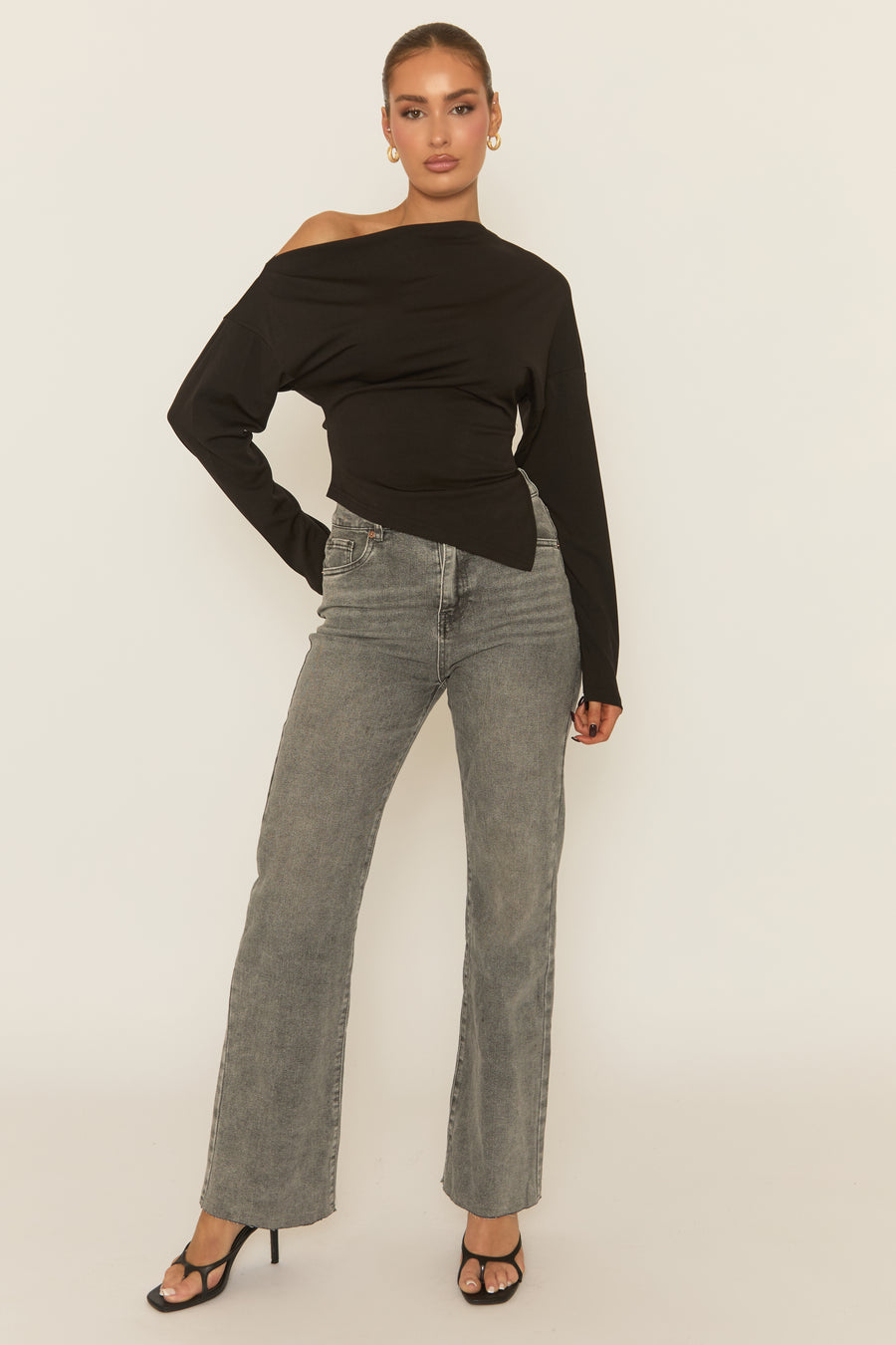 Black Asymmetric Cinched Waist Long Sleeve Top - Ailee