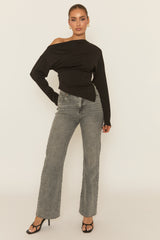 Black Asymmetric Cinched Waist Long Sleeve Top - Ailee