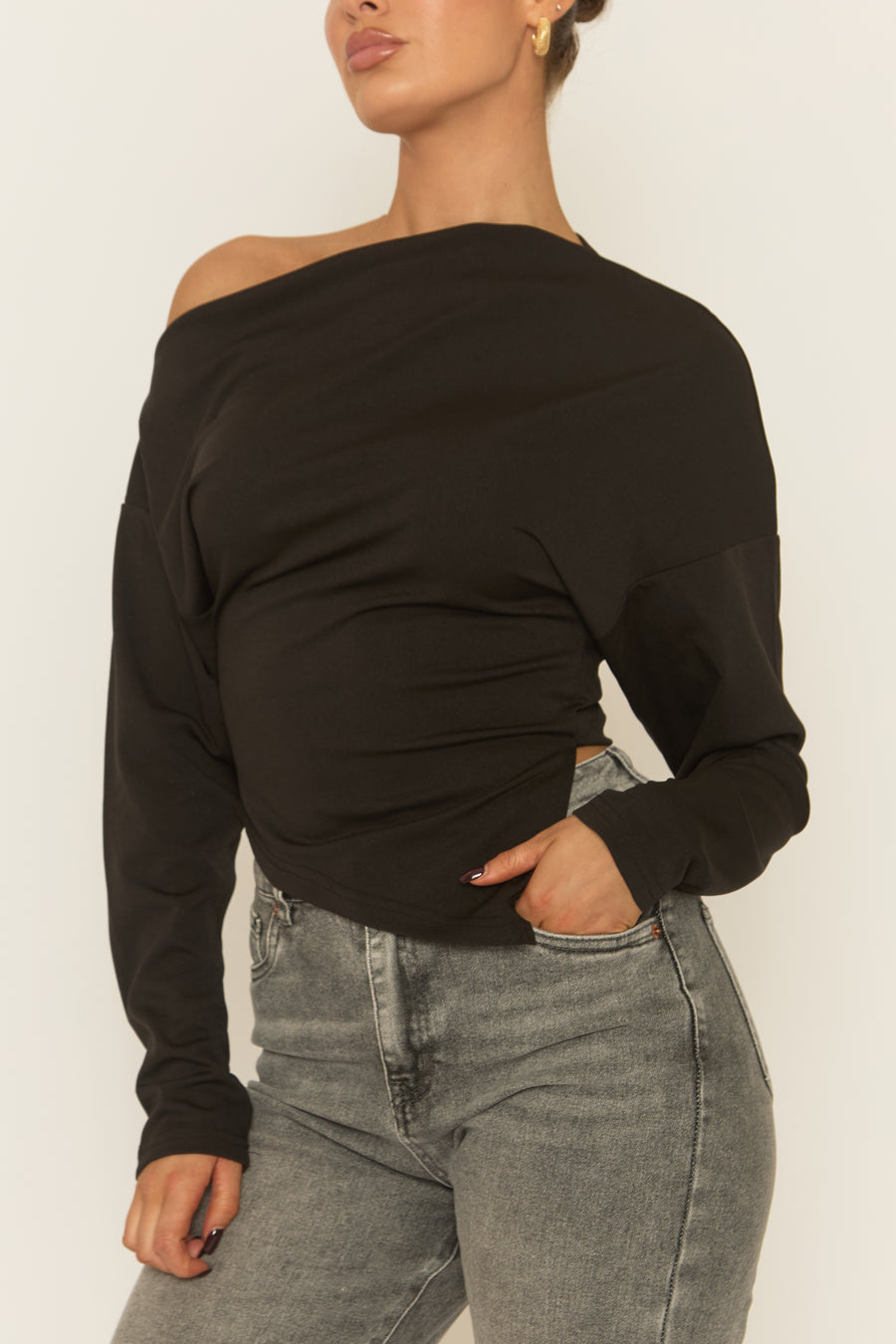 Black Asymmetric Cinched Waist Long Sleeve Top - Ailee