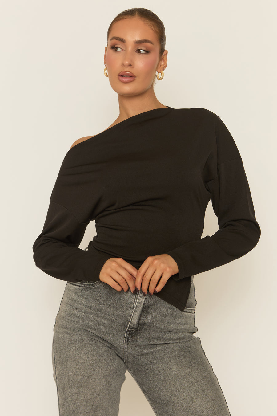Black Asymmetric Cinched Waist Long Sleeve Top - Ailee