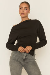 Black Asymmetric Cinched Waist Long Sleeve Top - Ailee