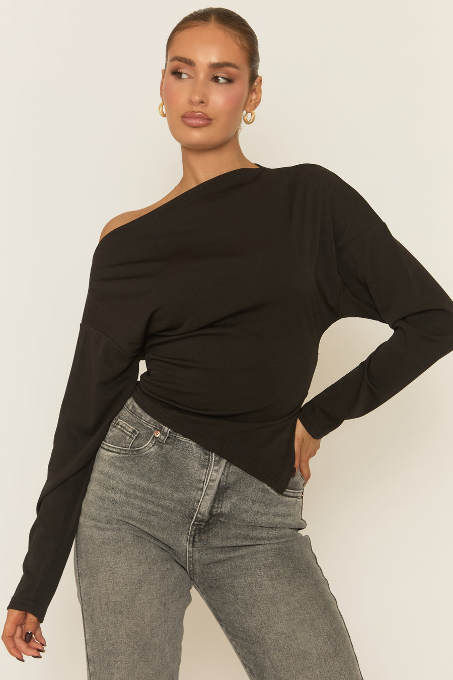 Black Asymmetric Cinched Waist Long Sleeve Top - Ailee