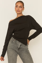 Black Asymmetric Cinched Waist Long Sleeve Top - Ailee