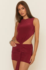 Wine Cut Out Gathered Mini Dress - Haala