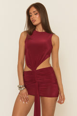 Wine Cut Out Gathered Mini Dress - Haala